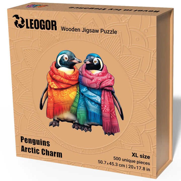 XL puzzle box with rainbow-scarf penguins and fantasy art, LEOGOR 500-piece wooden puzzle packaging