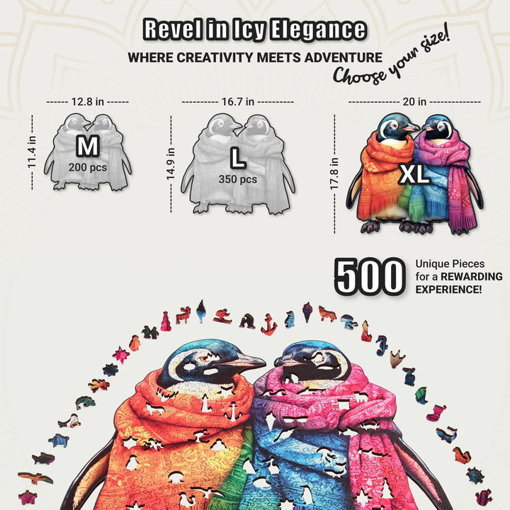 Size chart showing XL penguin puzzle fully built with 500 pcs and surrounding animal-shaped pieces