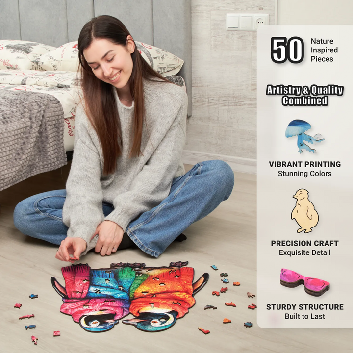 Woman building 500-piece penguin puzzle with colorful details and premium puzzle feature icons