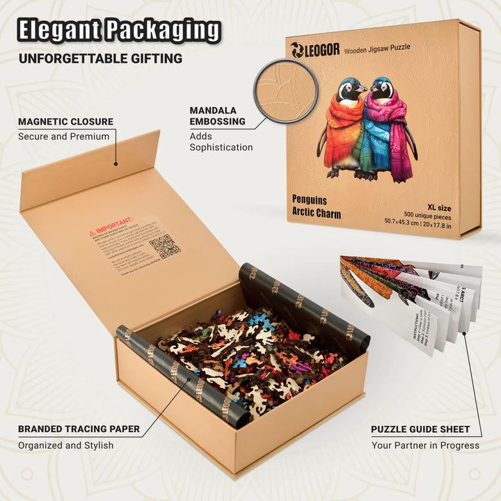Penguins Arctic Charm box open with 500 wood pieces, tracing paper, and guide, premium design