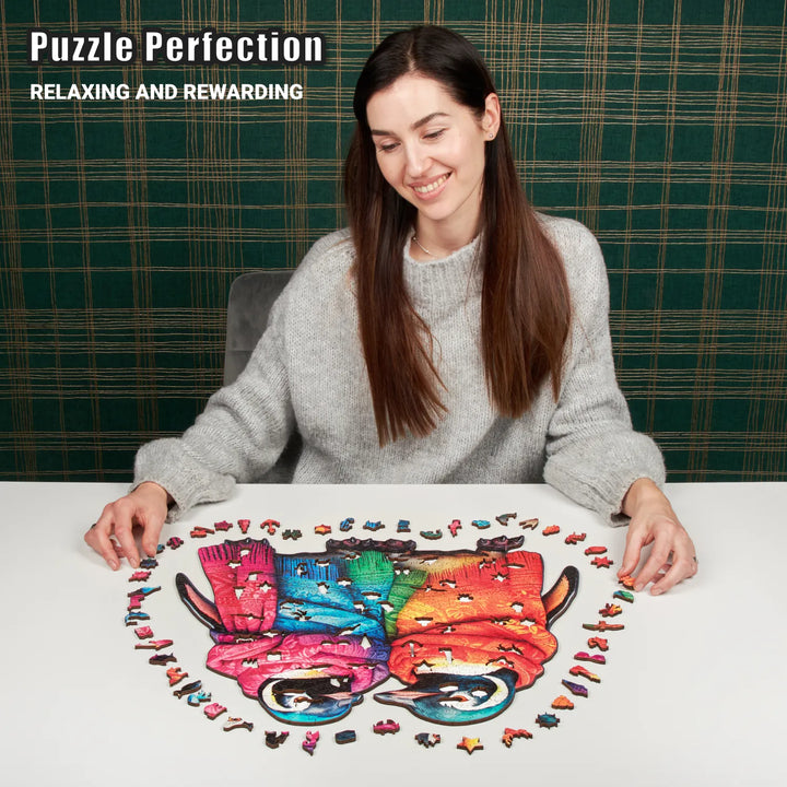 Woman assembling 500-pcs Penguins puzzle with vibrant colors and shaped cuts, relaxing winter puzzle