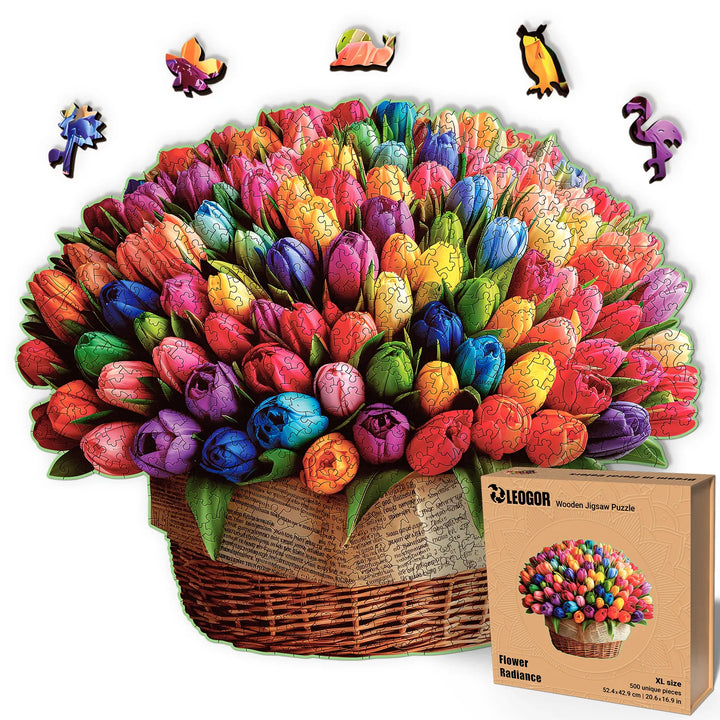 500-pcs tulip wooden puzzle with vibrant flowers design and floral-shaped whimsy pieces, ideal gift