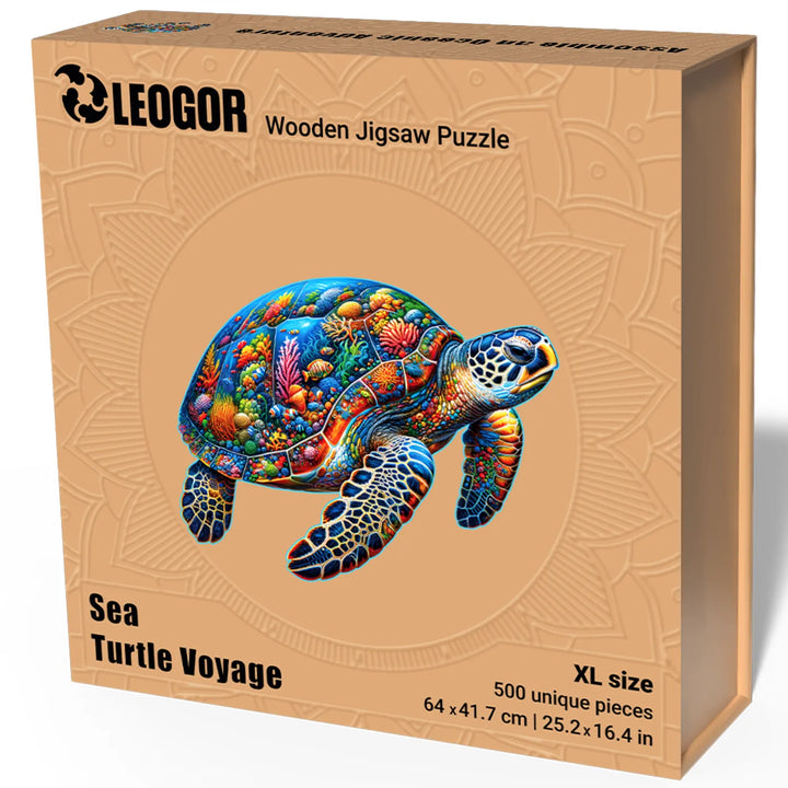 Sea Turtle Voyage box with ocean artwork, 500-piece XL wooden puzzle, 5mm thick, perfect gift