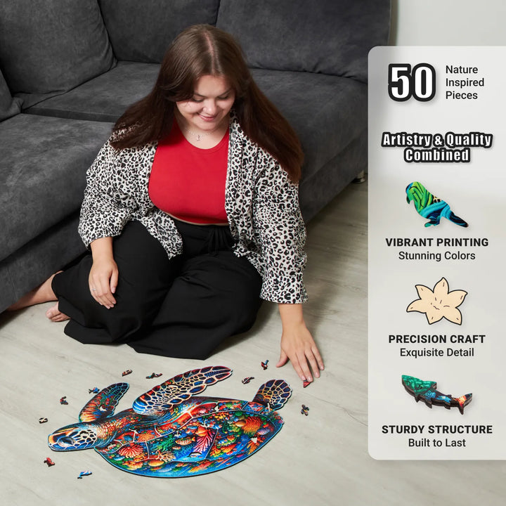 Sea Turtle Voyage puzzle mid-assembly with ocean art, 50 marine whimsy cuts, and mindful play