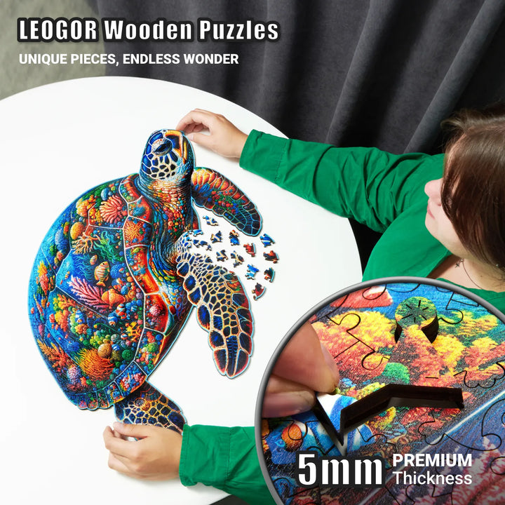 Zoomed view of 5mm wood pieces from Sea Turtle Voyage puzzle, ocean theme, and sturdy quality