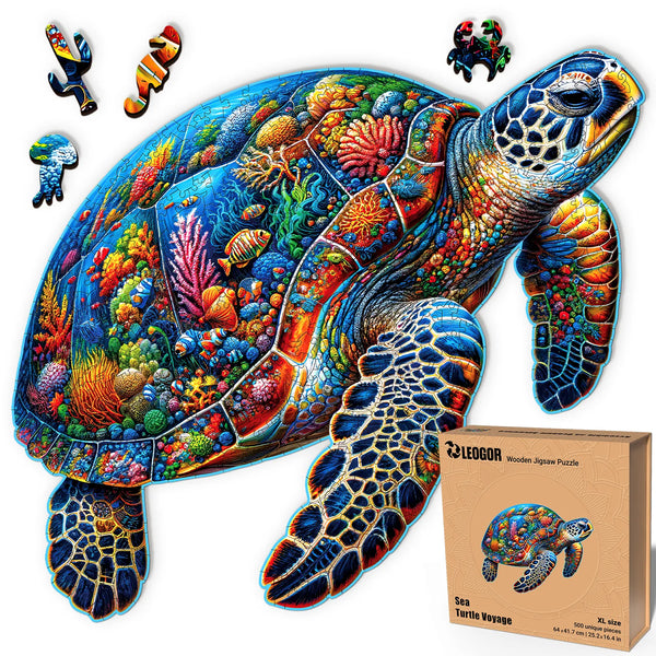 Sea Turtle Voyage 500-piece wooden puzzle with marine shapes, ocean design, and gift-ready box