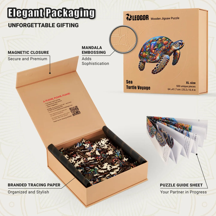 Sea Turtle Voyage puzzle box with magnet closure, embossing, guide sheet, and premium gifting