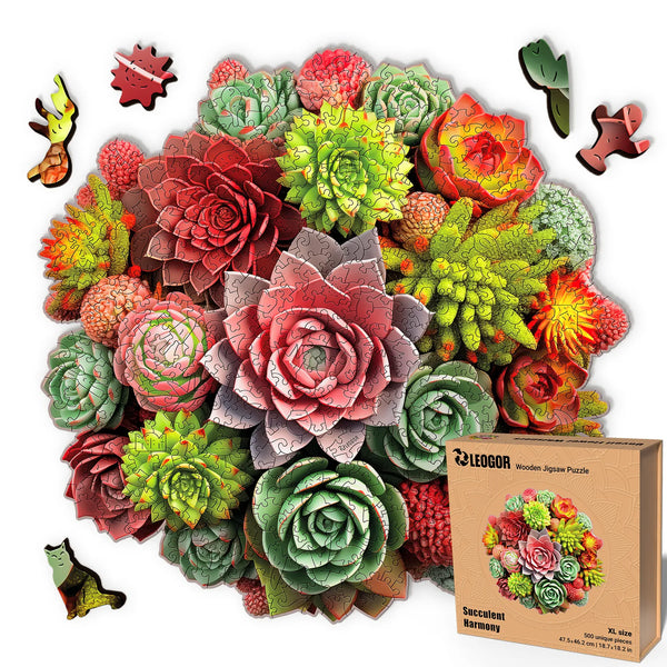 500-piece Succulent Harmony wooden puzzle with vibrant succulent bouquet and whimsy shapes