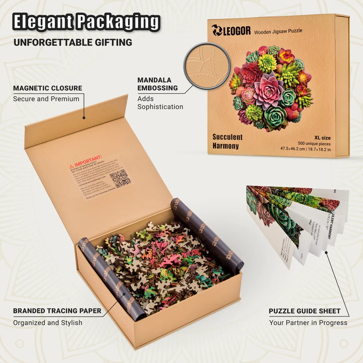 Open 500-piece Succulent Harmony puzzle box with tracing paper, guide, and floral packaging