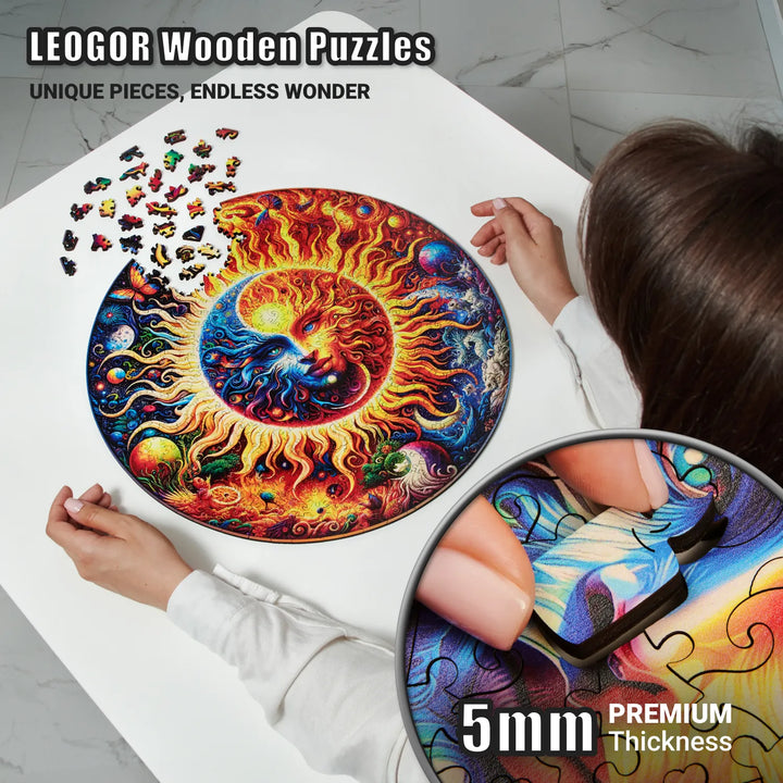 Placing 5mm wood puzzle pieces in Galactic Enigma with radiant sun and swirling moon art