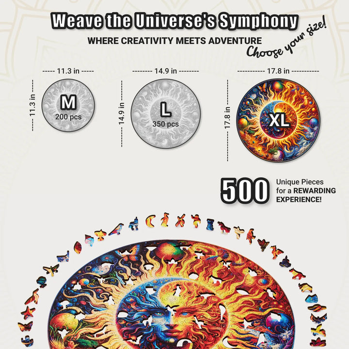 Galactic Enigma XL wood puzzle shown in size chart with sun-moon center and curved layout