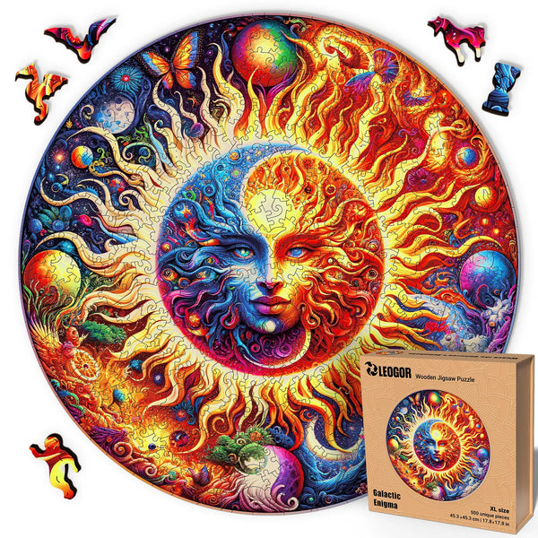 Galactic Enigma XL wooden puzzle, 500 wood pieces with sun-moon design and cosmic whimsy cuts