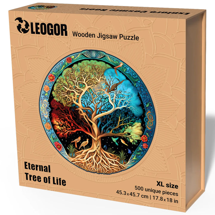 Eternal Tree of Life puzzle box with 500 pieces, nature-shaped cuts, premium packaging, eco gift