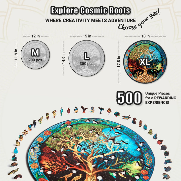 Eternal Tree of Life 500-piece round puzzle with animal-shaped pieces, 17.8x18 in, challenging