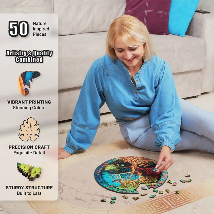 Smiling woman solving Eternal Tree of Life 500-piece puzzle with vibrant nature shapes, mindful fun