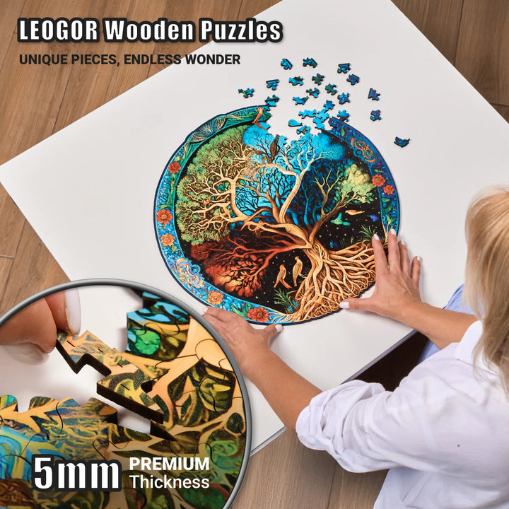 Assembling Eternal Tree of Life puzzle with 5mm thick wooden pieces and unique shapes, brain teaser