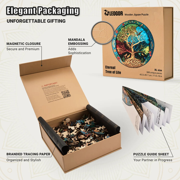 Eternal Tree of Life puzzle box with magnetic closure, embossing, tracing paper, and guide, decor