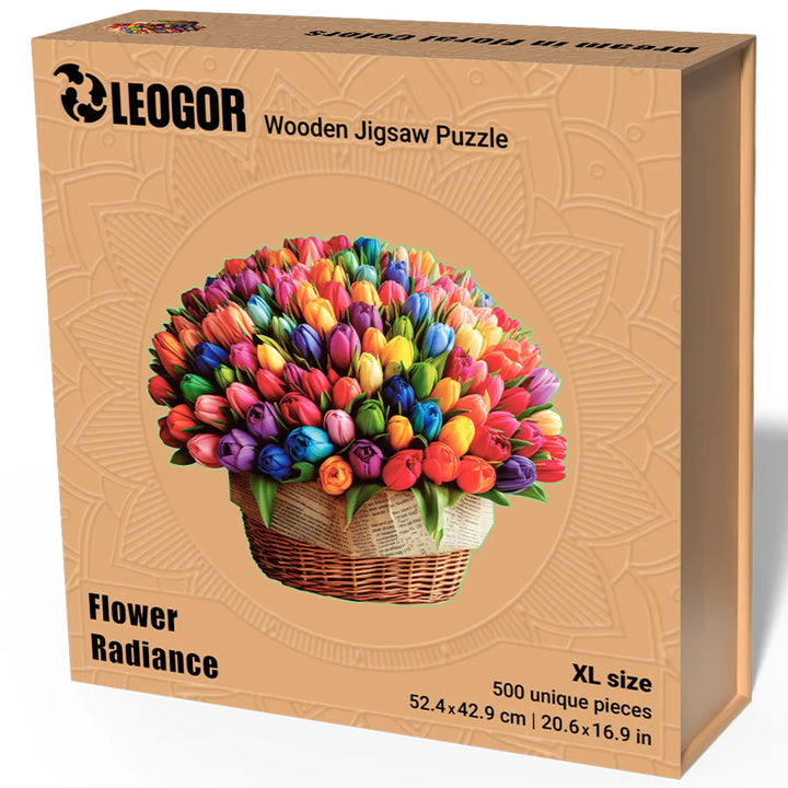 LEOGOR Flower puzzle box with 500 unique wooden pieces and bright floral bouquet illustration