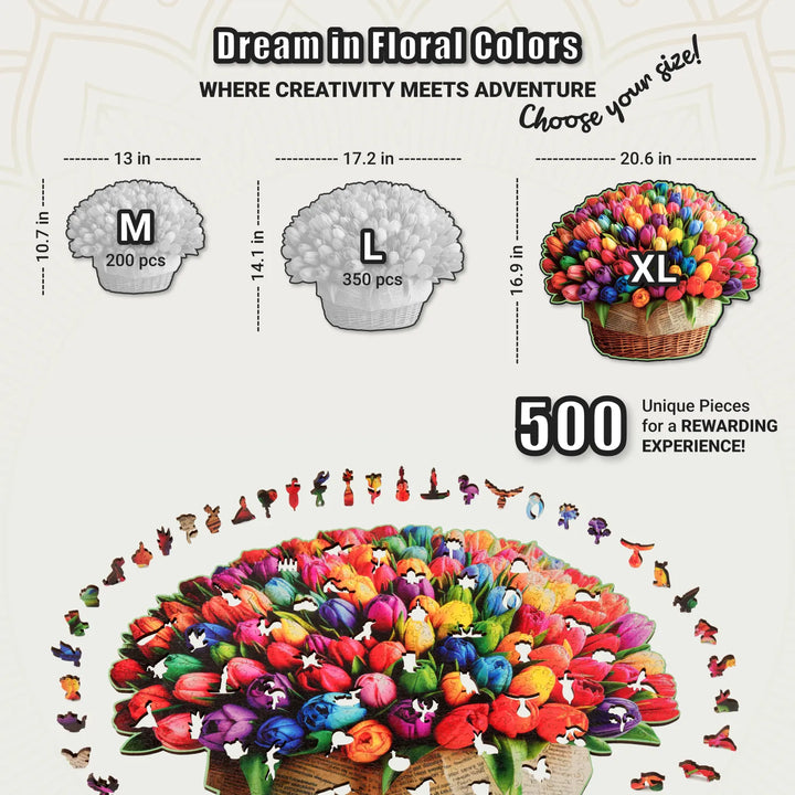 Size chart showing 500-pcs tulip puzzle with vibrant bouquet and floral whimsies arranged in circle