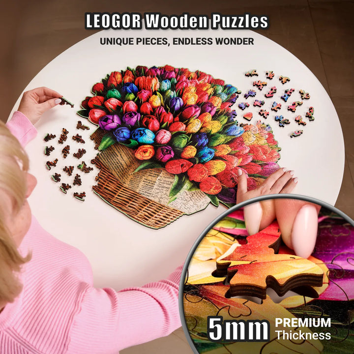 Close-up of 500-pcs tulip puzzle in progress, 5mm thick premium wooden piece and detailed floral art