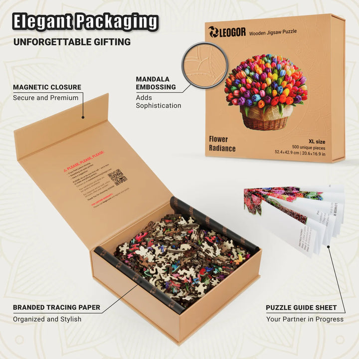 Open Flower puzzle box with 500 wooden pieces, guide sheet, and branded tracing paper for gifting