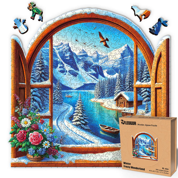 Winter Wonderland XL wooden puzzle, 500 wood pieces with snowy house, trees, and whimsy shapes