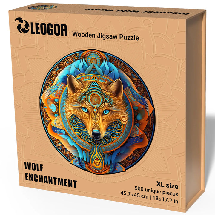 Wolf Enchantment puzzle box, 500-piece round with embossed lid, bold wolf art, decor-ready gift