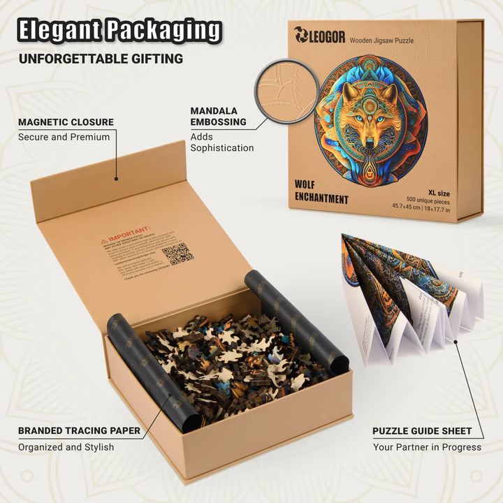 Wolf Enchantment puzzle box with magnet closure, tracing paper, embossing, and guide sheet, gift