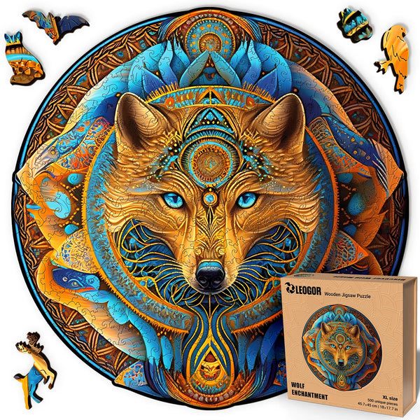 Wolf Enchantment 500-piece round puzzle with vivid tones, shaped pieces, perfect gift for adults