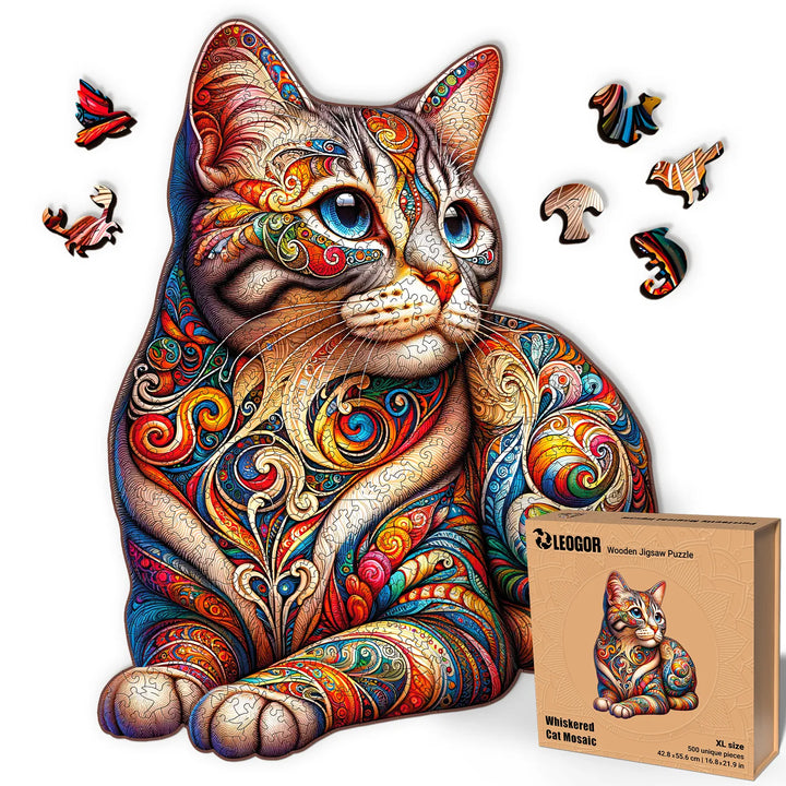 Whiskered Cat Mosaic 500-piece puzzle with animal-shaped cuts and mosaic art, great gift for adults