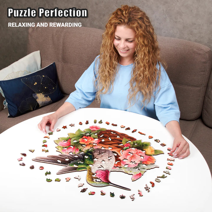 Woman assembling Hummingbird puzzle with radiant bird shape, jungle bloom art, and calm focus