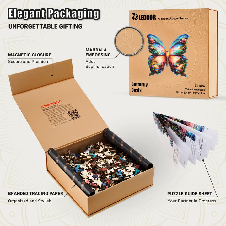 Butterfly Oasis puzzle box with embossed lid, tracing paper, 500 wooden pieces, ideal premium gift