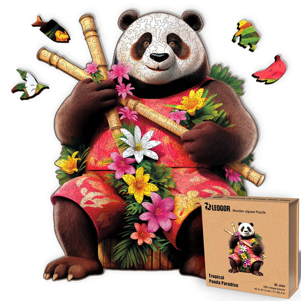 Panda Paradise XL wooden puzzle, 500 pieces in round wood shape with vivid bamboo and whimsy cuts