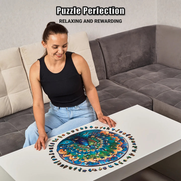 Woman solving 500-piece Graceful Peacock puzzle, vibrant colors and whimsy pieces, relaxing fun