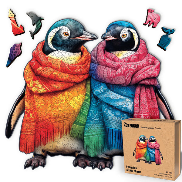 LEOGOR 500-piece puzzle with two penguins in scarves, wooden jigsaw with fantasy art and whimsy cuts