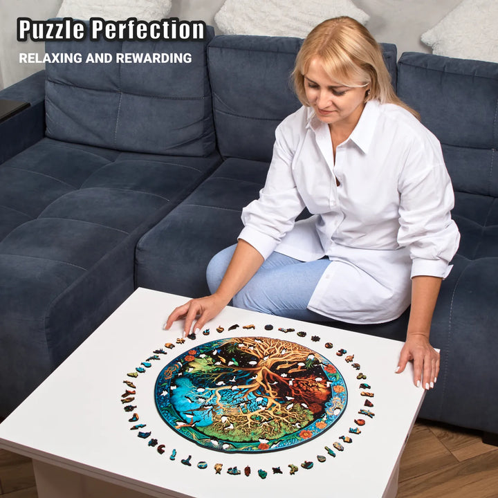Woman assembling Eternal Tree of Life 500-piece wooden puzzle with animal-shaped pieces, relaxing