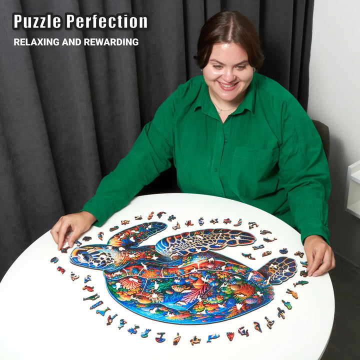XL 500-piece turtle puzzle with coral reef artwork, marine whimsy cuts, and relaxing fun assembly