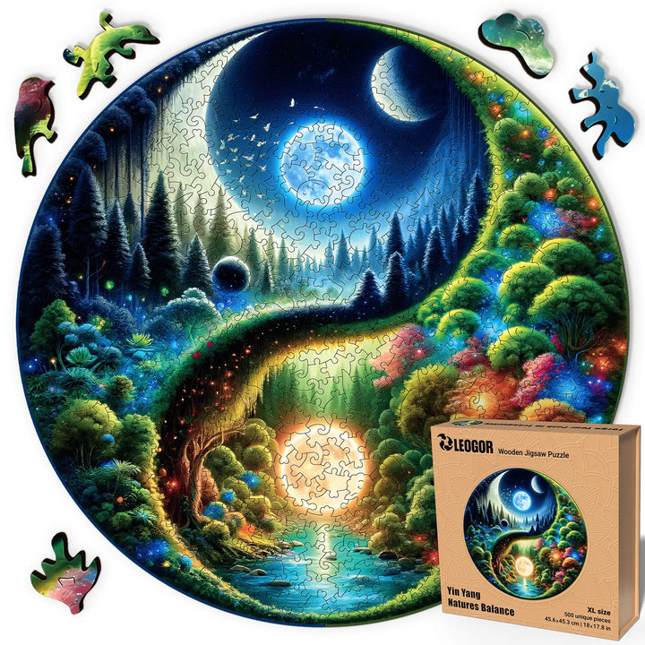 Yin Yang puzzle with 500 unique pieces, nature-inspired forest design, ideal gift for puzzle lovers