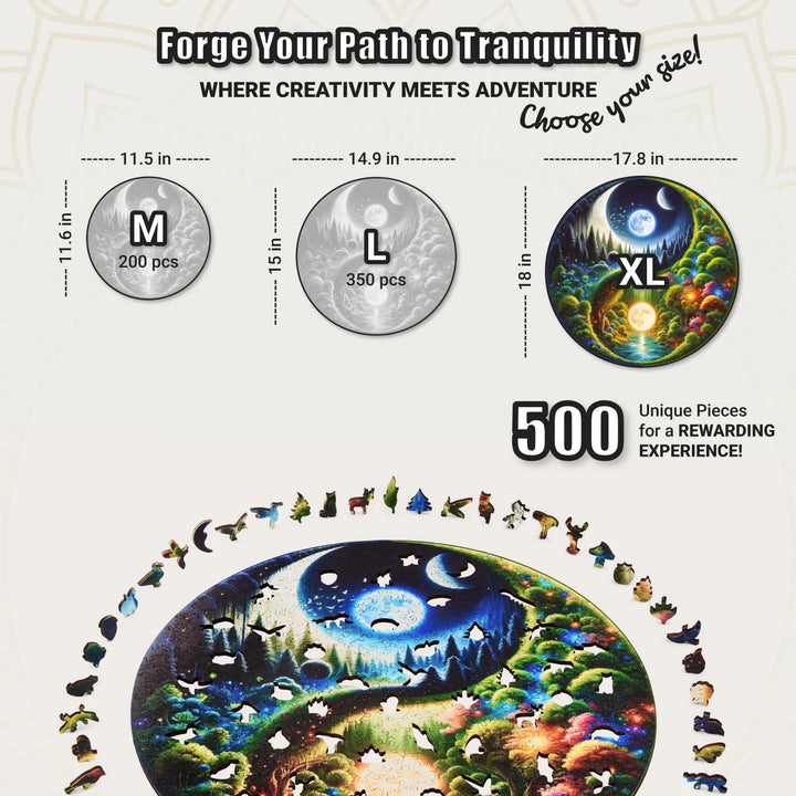 Size chart showing 500-piece Yin Yang puzzle in XL with circular forest art, compared to other sizes