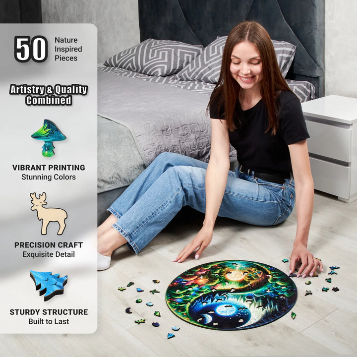 Woman assembling LEOGOR Yin Yang puzzle, surrounded by whimsy nature pieces and circular design