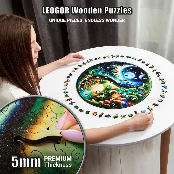 Top view of 500-pcs Yin Yang puzzle mid-assembly, showing thick 5mm wood and colorful nature imagery
