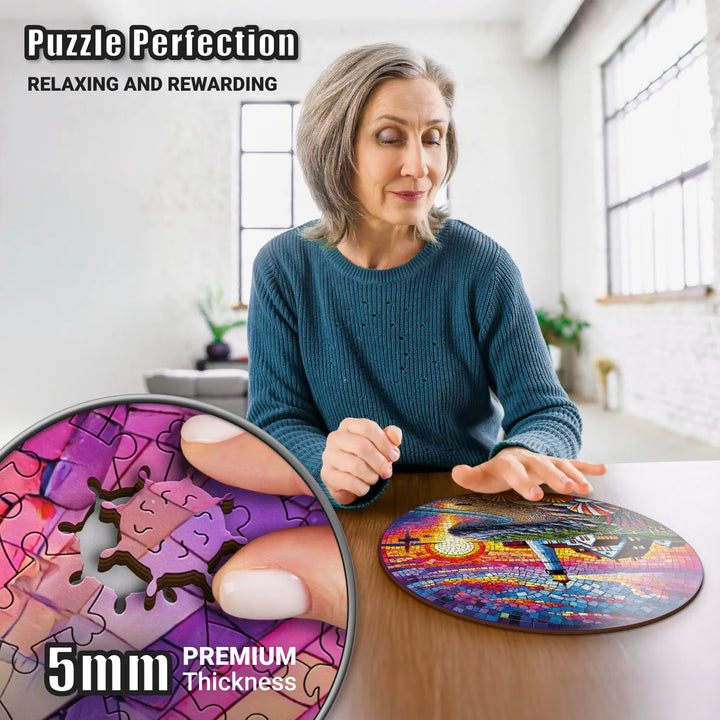 Woman enjoying wood puzzles for adults, assembling colorful Coastal Tapestry puzzle