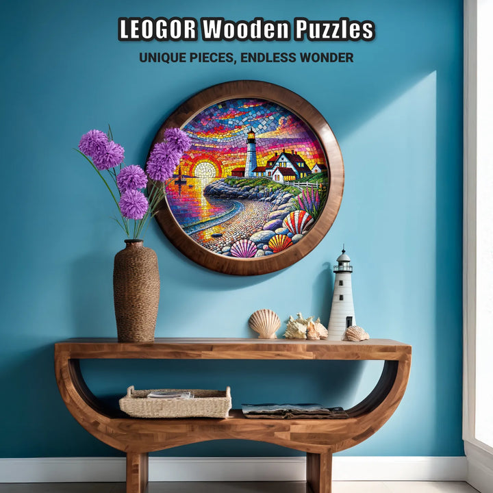 Wooden jigsaw puzzle displayed as wall art, Coastal Tapestry with seaside sunset