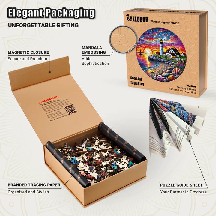 Premium box for wooden jigsaw puzzles, Coastal Tapestry packaging with vibrant art