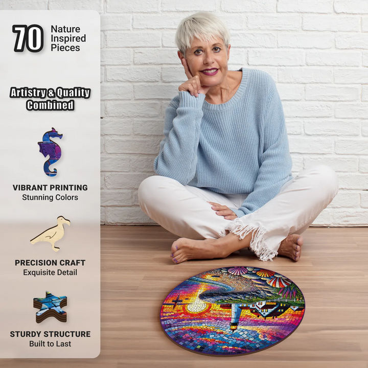 Older woman with wooden jigsaw puzzles for adults, relaxing with Coastal Tapestry