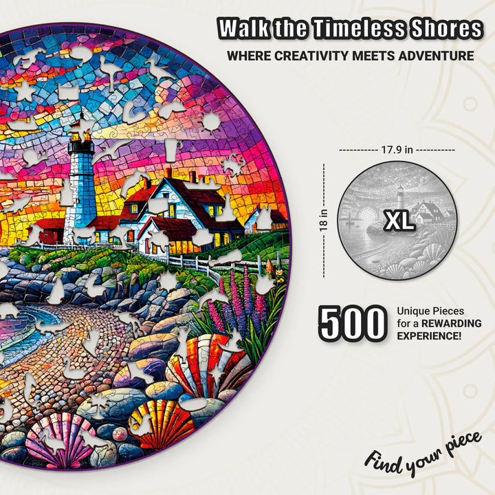 500 piece round puzzle with vivid lighthouse mosaic – Coastal Tapestry wood design