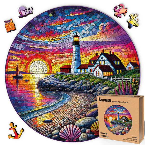 Wooden puzzles for adults – bright mosaic lighthouse and beach scene at sunset