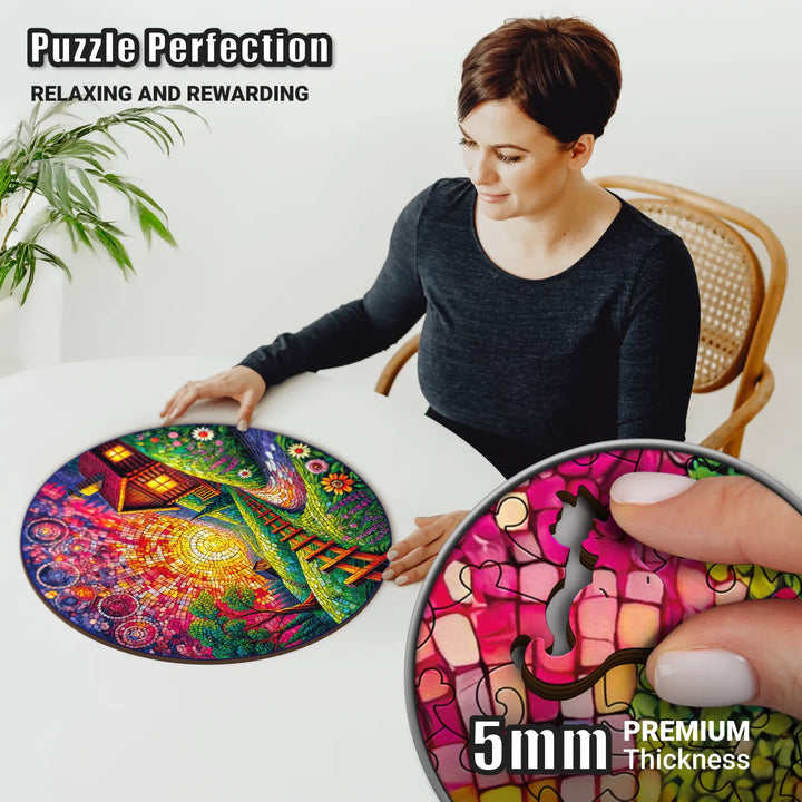 Woman enjoying wood puzzles for adults, working on colorful Countryside Brilliance