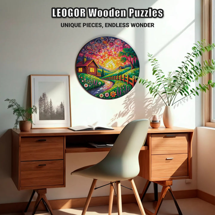 Wooden jigsaw puzzle displayed as wall art, Countryside Brilliance landscape view