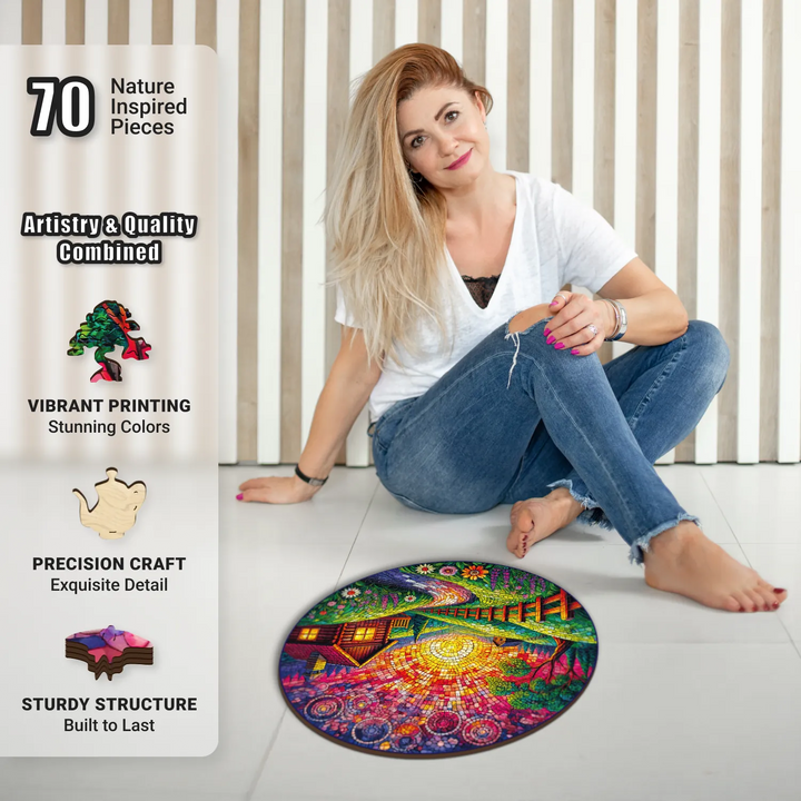Older woman with wooden jigsaw puzzles for adults, relaxing with Countryside Brilliance